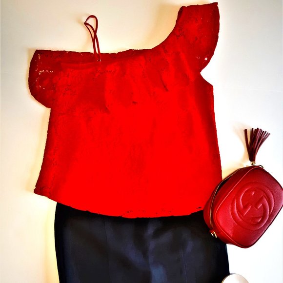 Red One Shoulder Lace Top - Picture 1 of 13